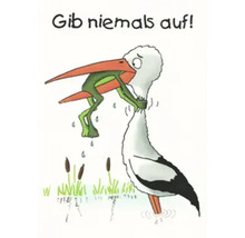Illustration d''une grenouille accrochée à une cigogne, avec le texte N''abandonne jamais!