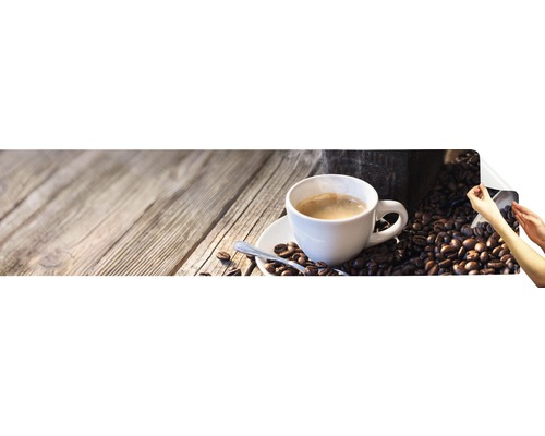 Wandbild mit Kaffeemotiv, Tasse, Bohnen und Holztisch