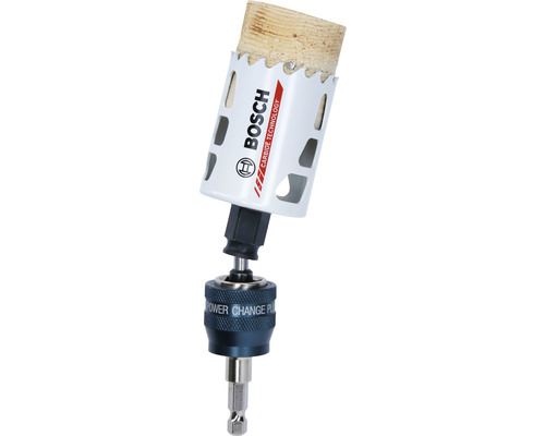 Scie cloche Bosch avec morceau de bois et adaptateur Power Change Plus