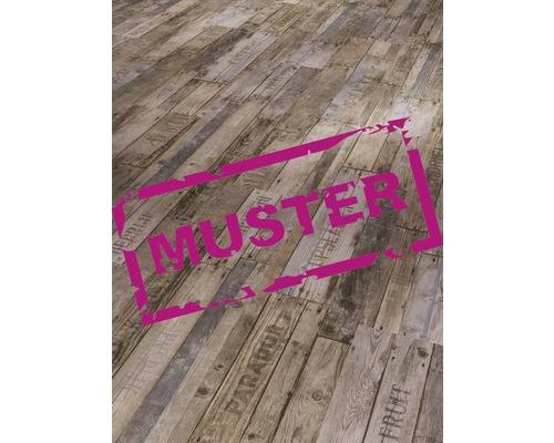 Muster von Bodenbelag in Holzoptik mit Schriftzügen