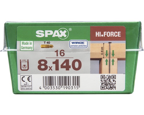 Vis Spax 8x140 millimètres, 16 pièces, avec protection anticorrosion