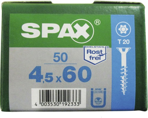 Spax Schraubenbox mit 50 Edelstahlschrauben, Größe 4,5x60 und T20 Torx