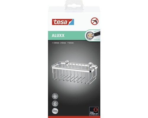 Tesa Aluxx Duschablage im Karton mit den Maßen 250 x 92 x 125 Millimeter. Das Produkt ist rostfrei und aus Aluminium.