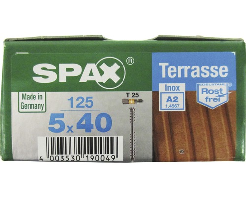 Emballage de vis de terrasse Spax 5x40 mm, 125 pièces, en acier inoxydable A2, inoxydable, Made in Germany