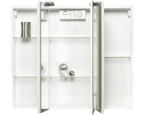 Armoire de toilette blanche avec étagères en verre, prise de courant et interrupteur