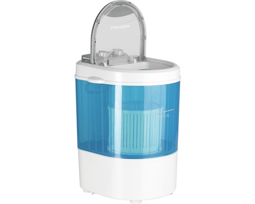 Kompakte Waschmaschine mit blauem und weißem Design mit offenem Deckel