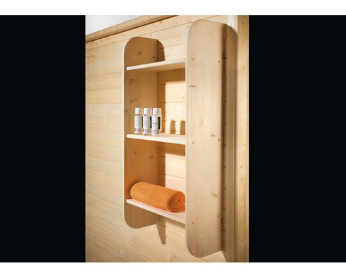 Universal Schrankregal Weka 120x60x25 cm mit 3 Fächern Holzregal mit zwei Fächern an einer Holzwand mit Handtuch und Pflegeprodukten