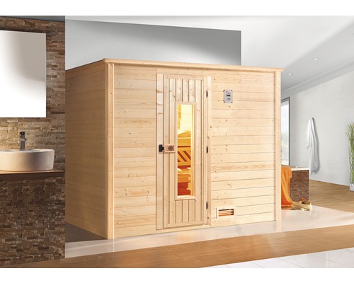 Sauna en bois massif Weka Bergen HT taille 3 avec poêle 7,5 kW et commande numérique, avec porte en bois et verre à isolation thermique