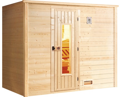 Holzsauna mit Glastür und Steuerungselement