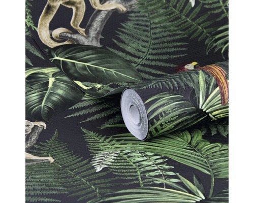 Tapetenrolle mit Dschungelmotiven wie Affen, Farnen und tropischen Blättern