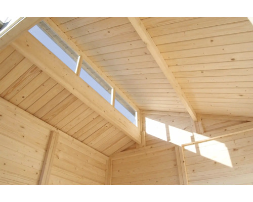 Vue intérieure d''une cabane de jardin en bois avec fenêtres de toit
