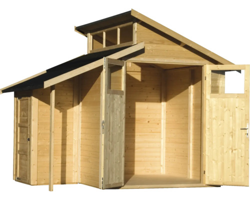 Abri de jardin en bois avec double porte et lanterneau