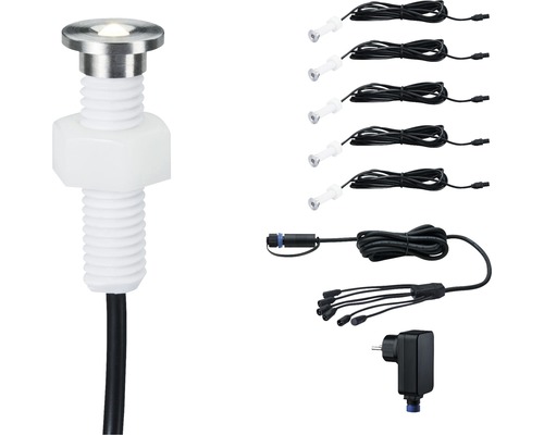 Éclairages LED à encastrer Paulmann Plug & Shine kit de démarrage IP67 5x0,22W 5x3 lm 3000 K blanc chaud Ø 15/10 mm MicroPen II argent 230/24V 5 pces-0