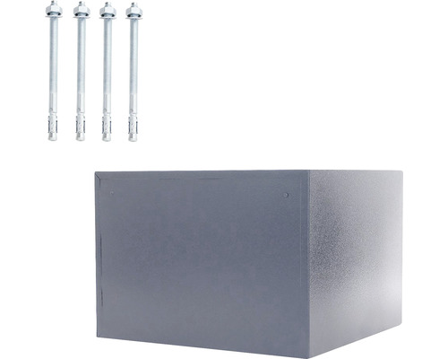 Graue Mauerkastenverkleidung aus Blech mit vier Bolzenankern
