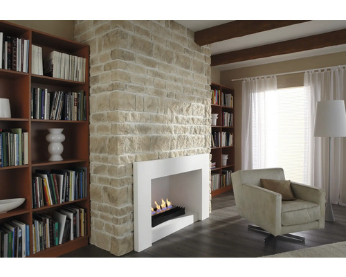 Wohnzimmer mit Kamin, Bücherregalen und Sessel