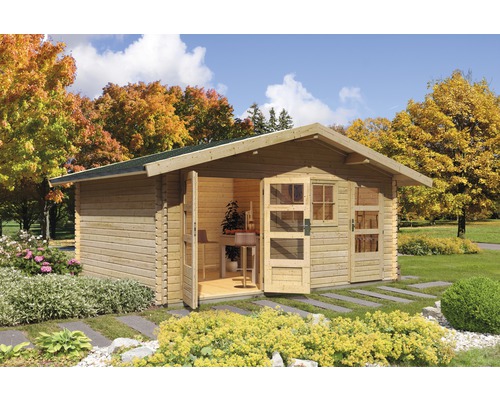 Chalet de jardin Karibu Lagor 2 584 x 390 cm naturel Abri de jardin en bois avec portes doubles ouvertes dans un jardin