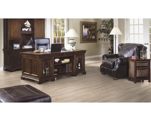 Büro mit Schreibtisch, Bücherschrank, Sessel und Ottomane in einem hellen Raum.