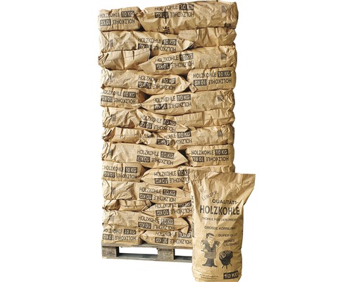 Palette de charbon de bois 42 sacs 10 kg pour professionnels, charbon Lübzer, granulométrie élevée, bois de feuillus pur