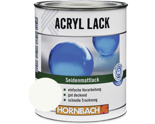 Peinture acrylique satinée en pot avec le label Ange bleu et le logo Hornbach