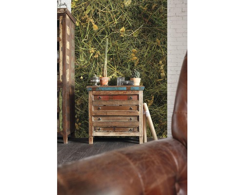 Scène avec commode en bois et papier peint photo avec motif végétal.