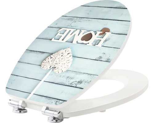 Toilettendeckel mit Dekor aus Holzoptik und dem Schriftzug Home