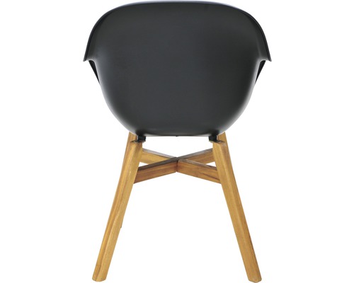 Vue arrière d''une chaise noire avec des pieds en bois.