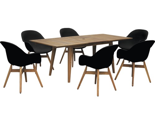 Table de jardin avec six chaises en bois et plastique