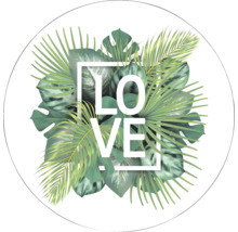 Dekoratives Motiv mit der Aufschrift Liebe und grünen Blättern