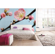 Heller Raum mit Doppelbett, Blumendesign Tapete und Teppich