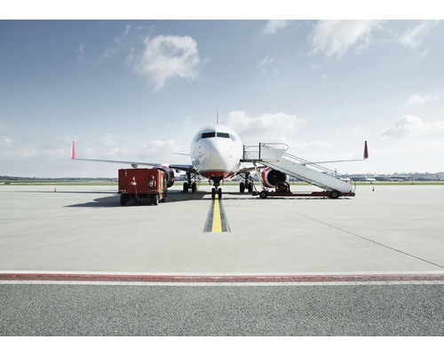 Papier peint panoramique intissé V7-770 Runway 7 pces 350 x 250 cm Avion avec escalier sur l''aire de trafic