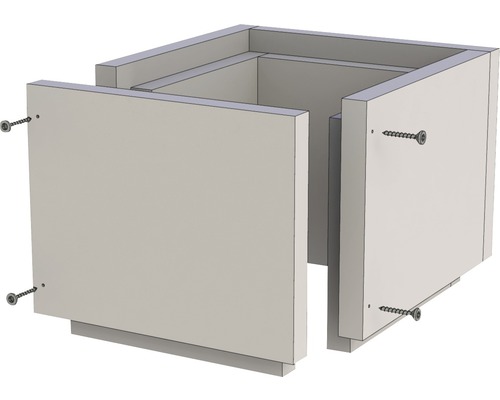 Quadratischer Schrank mit zwei offenen Seiten und sichtbaren Schrauben