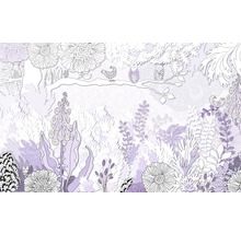 Illustration einer Waldlandschaft mit Blumen, Pflanzen und Tieren