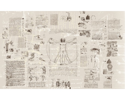 Papier peint panoramique intissé V8-764 Munich Designbook Da Vinci 8 pces 400 x 250 cm Image murale avec des croquis et l''homme de Vitruve de Léonard de Vinci