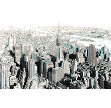 Illustration der New Yorker Skyline mit Wolkenkratzern und Flüssen