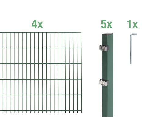 Kit de panneaux rigides double fil ALBERTS type 6/5/6 800 x 120 cm vert Quatre éléments de clôture, cinq poteaux de clôture et un outil de montage