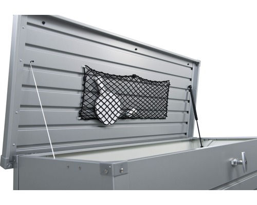 Filet de rangement pour coffre de jardin 25 x 67 cm, noir Coffre de rangement ouvert avec filet de rangement