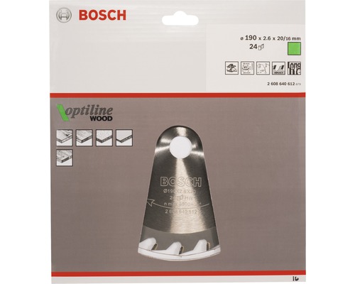 Logo Bosch. Lame de scie Bosch Optiline Wood, 190 x 2,6 x 20/16 millimètres, 24 dents