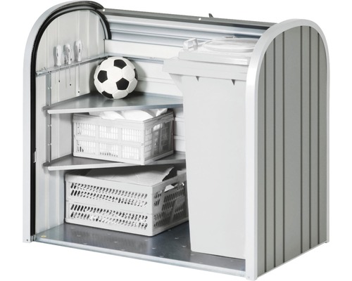 Mülltonnenbox mit Regalen, Kisten und Fußball