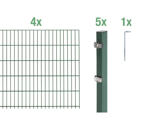 Kit de panneaux rigides double fil ALBERTS type 6/5/6 800 x 100 cm vert Quatre panneaux de grillage rigide, cinq poteaux de clôture et une clé Allen pour la construction de clôtures