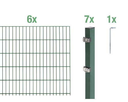 Kit de panneaux rigides double fil ALBERTS type 6/5/6 1200 x 100 cm vert Six panneaux de treillis double, sept poteaux de clôture et une clé Allen pour la construction de clôtures