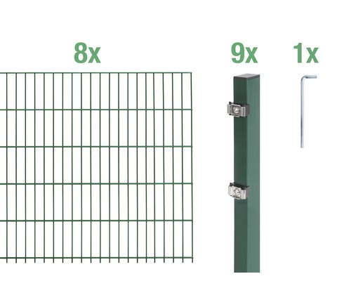 Kit de panneaux rigides double fil ALBERTS type 6/5/6 1600 x 100 cm vert Huit panneaux de grillage rigide, neuf poteaux de clôture et une clé à vis pour la construction de clôtures.