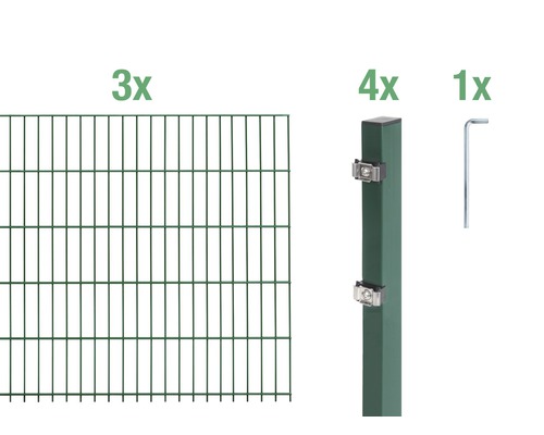 Kit de panneaux rigides double fil ALBERTS type 6/5/6 600 x 120 cm vert Trois éléments de clôture, quatre poteaux de clôture et une clé à vis pour la construction de clôtures