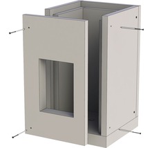 Image de montage d''un meuble sous-lavabo avec tiroir et vis de fixation