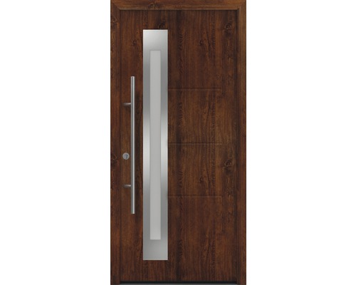 Porte d'entrée EcoStar ISOPRO Secur IPS 780S 1100 x 2100 mm tirant gauche dark oak avec ensemble de ferrures, poignée barre en acier inoxydable, cylindre profilé de sécurité avec 5 clés