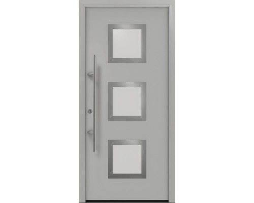 Porte d'entrée EcoStar ISOPRO Secur IPS 810S 1100 x 2100 mm gauche RAL 9006 aluminium blanc mat avec ensemble de ferrures, poignée barre en acier inoxydable, cylindre profilé de sécurité avec 5 clés