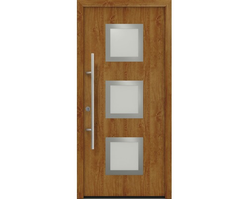 Porte d'entrée EcoStar ISOPRO Secur IPS 810S 1100 x 2100 mm gauche golden oak avec ensemble de ferrures, poignée barre en acier inoxydable, cylindre profilé de sécurité avec 5 clés