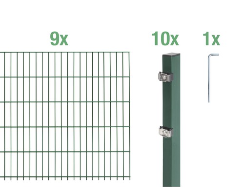 Kit de panneaux rigides double fil ALBERTS type 6/5/6 1800 x 80 cm vert Kit complet de construction de clôture composé de neuf éléments de clôture, dix poteaux de clôture et un outil de montage