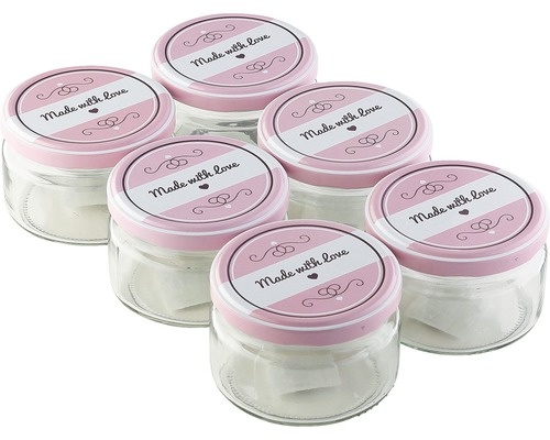Six bocaux avec couvercle et inscription Made with Love