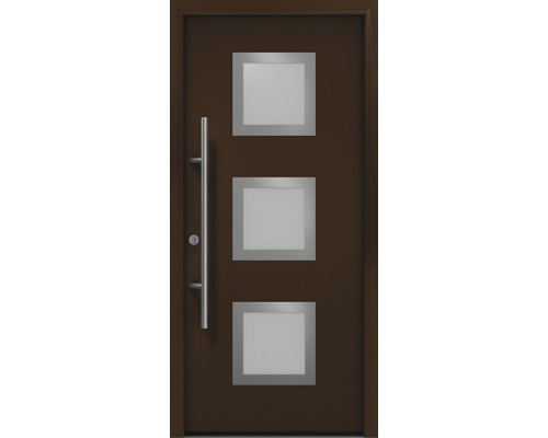 Porte d'entrée EcoStar ISOPRO Secur IPS 810S 1100 x 2100 mm gauche RAL 8028 marron terre cuite avec ensemble de ferrures, poignée barre en acier inoxydable, cylindre profilé de sécurité avec 5 clés