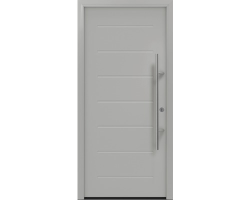 Haustür EcoStar ISOPRO Secur IPS 015 1100 x 2100 mm Rechts RAL 9006 weißaluminium matt inkl. Beschlag-Set,Edelstahl Stangengriff,Sicherheitsprofilzylinder mit 5 Schlüsseln Haustür mit senkrechtem Stangengriff und horizontalen Zierfräsungen